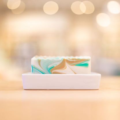 White Porcelain and Bamboo Soap Dish by Buff City Soap Supply, LLC
