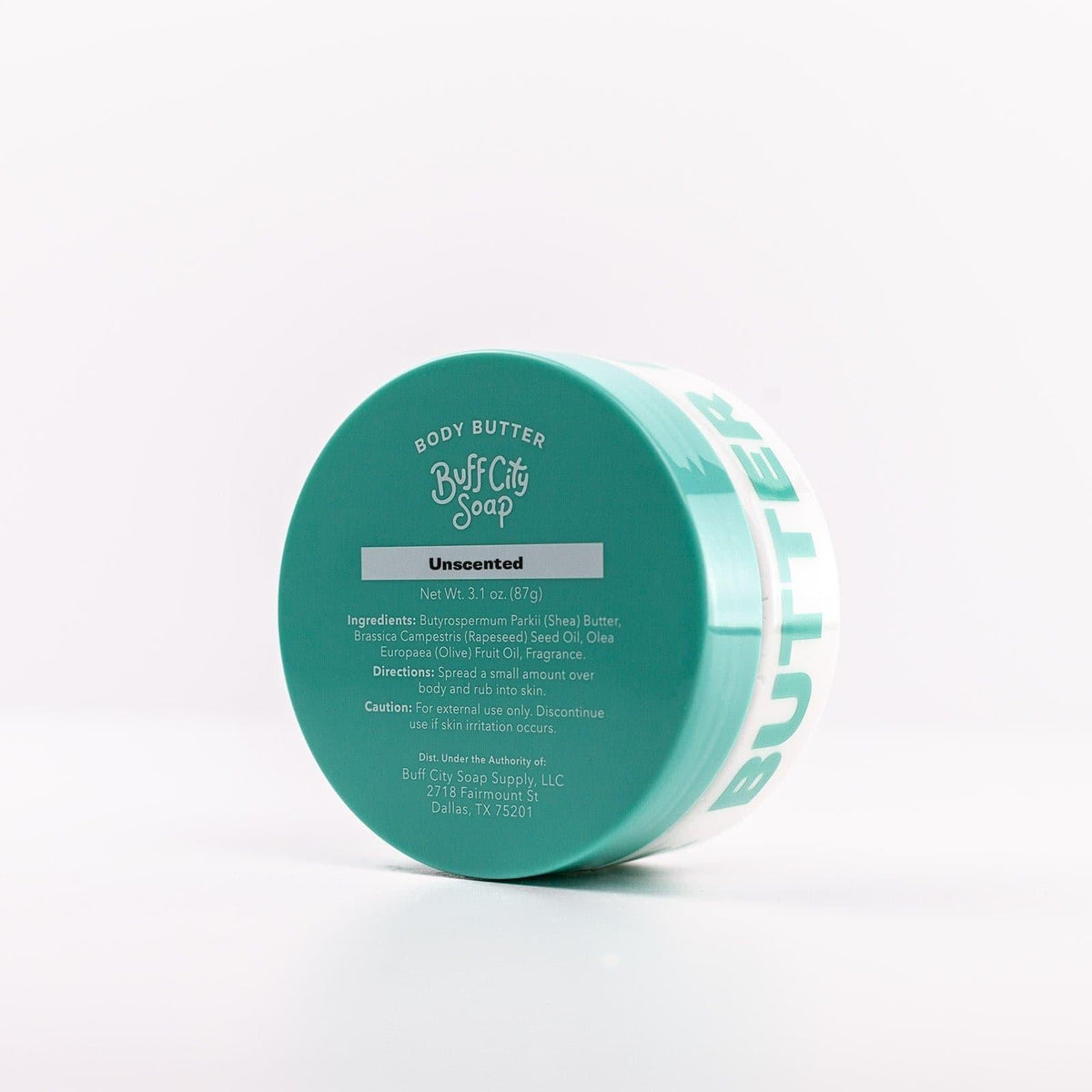 Jar of Unscented Body Butter on its side angled left