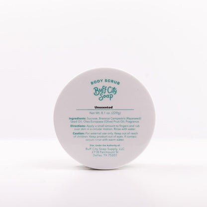 Ingredient label on lid of jar of Unscented Body Scrub